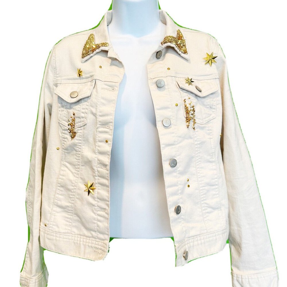 Handmade Upcycled Disney Jean Jacket sz S Sequin Embellished Mickey Denim Gold - Picture 7 of 10